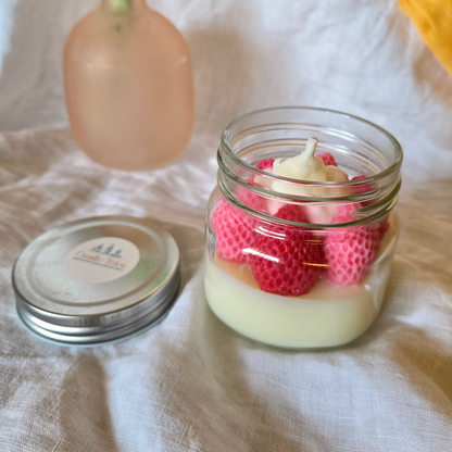 Strawberry Yogurt candle in a mason jar, meaning "love you berry much"